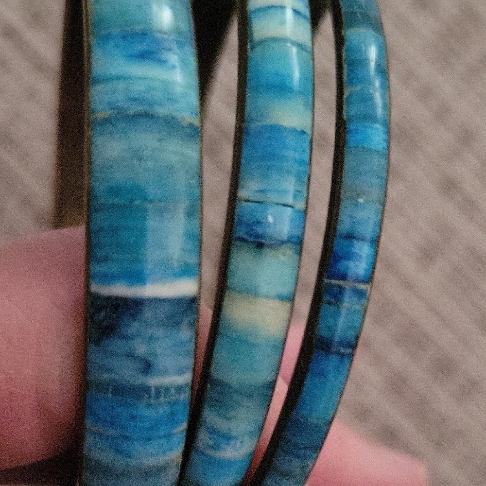 Vintage Boho Brass Inlay Tealwood Blue Bangle Bracelet Set of 3 - Picture 8 of 10